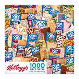 The image depicts the box for a RoseArt - Kellogg's - Pop Tarts Party - 1000 Piece Jigsaw Puzzle featuring a collage of various Pop-Tarts flavors, with a bonus poster included.