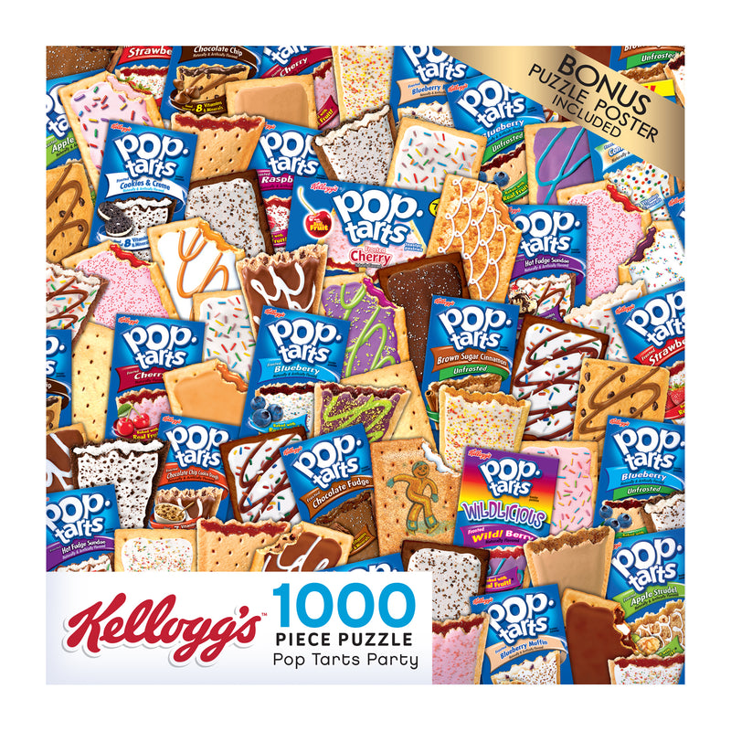 The image depicts the box for a RoseArt - Kellogg's - Pop Tarts Party - 1000 Piece Jigsaw Puzzle featuring a collage of various Pop-Tarts flavors, with a bonus poster included.