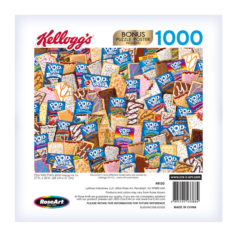 Image of a RoseArt - Kellogg's - Pop Tarts Party - 1000 Piece Jigsaw Puzzle depicting an assortment of Kellogg's Pop-Tarts packaging. Includes a bonus puzzle poster. Made by RoseArt.