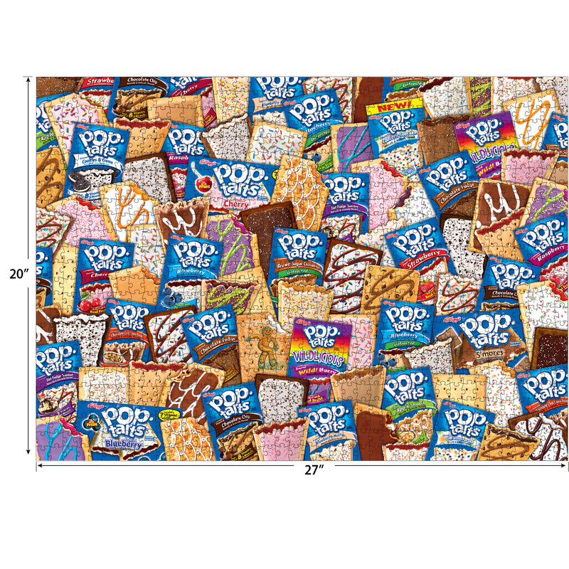 An assortment of various RoseArt - Kellogg's - Pop Tarts Party - 1000 Piece Jigsaw Puzzle flavors and packaging fills the image. The dimensions of the image are labeled as 20 inches by 27 inches.