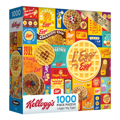A RoseArt - Kellogg's - Leggo My Eggo - 1000 Piece Jigsaw Puzzle featuring Kellogg's Eggo waffles branding, with various colorful images and text related to Eggo waffles displayed on the box.