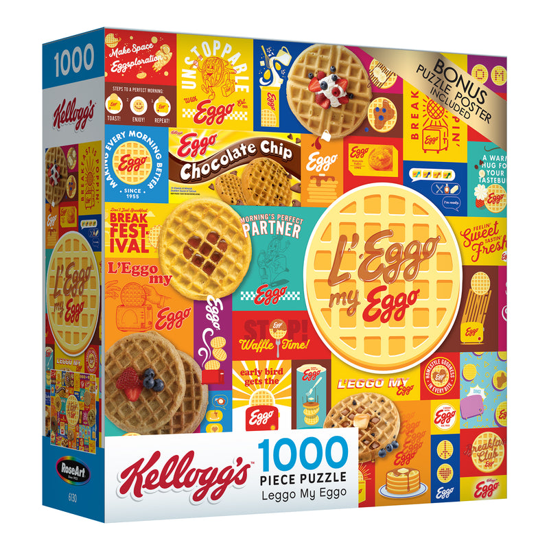 A RoseArt - Kellogg's - Leggo My Eggo - 1000 Piece Jigsaw Puzzle featuring Kellogg's Eggo waffles branding, with various colorful images and text related to Eggo waffles displayed on the box.