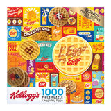 A 1000-piece jigsaw puzzle featuring a colorful collage of Eggo waffle designs and logos. Packaging highlights patterns, phrases, and images of Eggo waffles with a bonus puzzle poster included. Introducing the RoseArt - Kellogg's - Leggo My Eggo - 1000 Piece Jigsaw Puzzle!