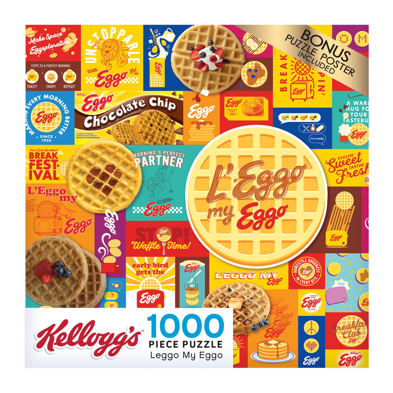 A 1000-piece jigsaw puzzle featuring a colorful collage of Eggo waffle designs and logos. Packaging highlights patterns, phrases, and images of Eggo waffles with a bonus puzzle poster included. Introducing the RoseArt - Kellogg's - Leggo My Eggo - 1000 Piece Jigsaw Puzzle!