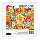 A 1000-piece jigsaw puzzle image by RoseArt featuring a vibrant collage of Kellogg’s Eggo waffle packages and logos in various designs and colors. Includes a bonus puzzle poster. The product name is **RoseArt - Kellogg's - Leggo My Eggo - 1000 Piece Jigsaw Puzzle**.
