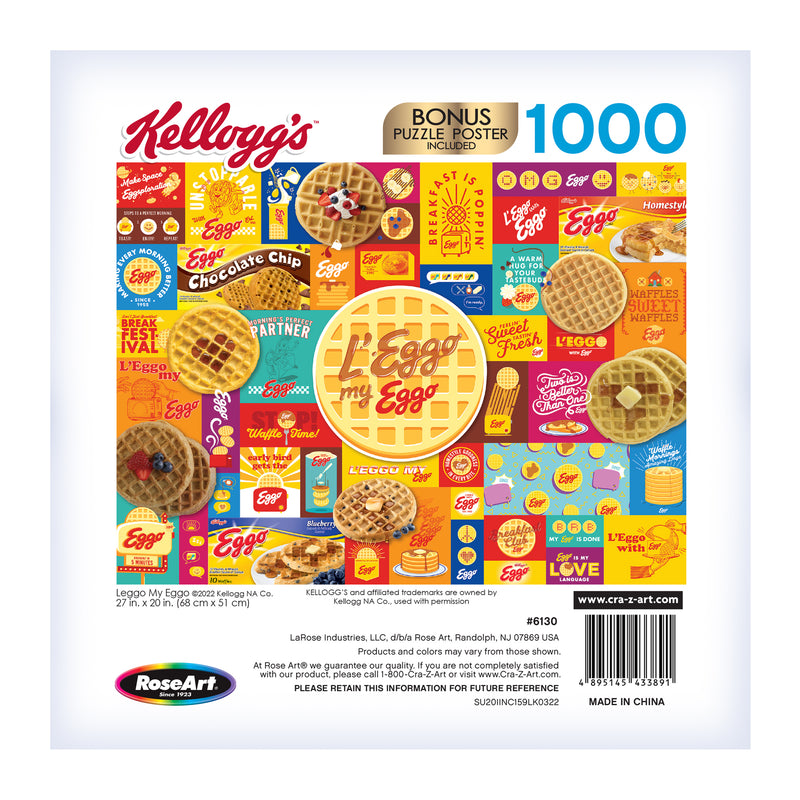 A 1000-piece jigsaw puzzle image by RoseArt featuring a vibrant collage of Kellogg’s Eggo waffle packages and logos in various designs and colors. Includes a bonus puzzle poster. The product name is **RoseArt - Kellogg's - Leggo My Eggo - 1000 Piece Jigsaw Puzzle**.
