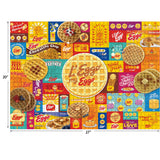 A colorful 27x20 inch RoseArt - Kellogg's - Leggo My Eggo - 1000 Piece Jigsaw Puzzle featuring numerous Eggo waffle boxes, packaging designs, and waffles in various styles and flavors.