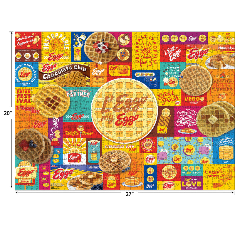 A colorful 27x20 inch RoseArt - Kellogg's - Leggo My Eggo - 1000 Piece Jigsaw Puzzle featuring numerous Eggo waffle boxes, packaging designs, and waffles in various styles and flavors.