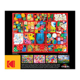 Image of a RoseArt - Kodak Premium - Vintage Toy Box - 3000 Piece Jigsaw Puzzle featuring a vibrant assortment of colorful toys and objects in a grid layout. The puzzle is by Cra-Z-Art with a listed size of 42.5 cm x 30.5 cm and 1000 pieces.