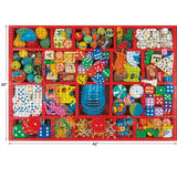 A completed RoseArt - Kodak Premium - Vintage Toy Box - 3000 Piece Jigsaw Puzzle measuring 42 inches by 30 inches features an assortment of colorful small items including dice, toys, balls, and puzzles organized in a red-bordered grid.