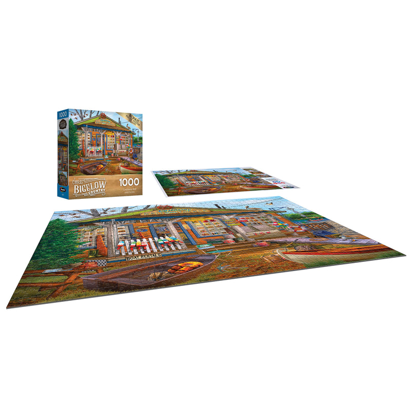 A 1000-piece RoseArt - Chris Bigelow - Castaway Bait and Tackle - 1000 Piece Jigsaw Puzzle partially assembled on a surface, depicting a colorful image of the chapel's exterior. The puzzle box with the illustration is placed beside the puzzle.