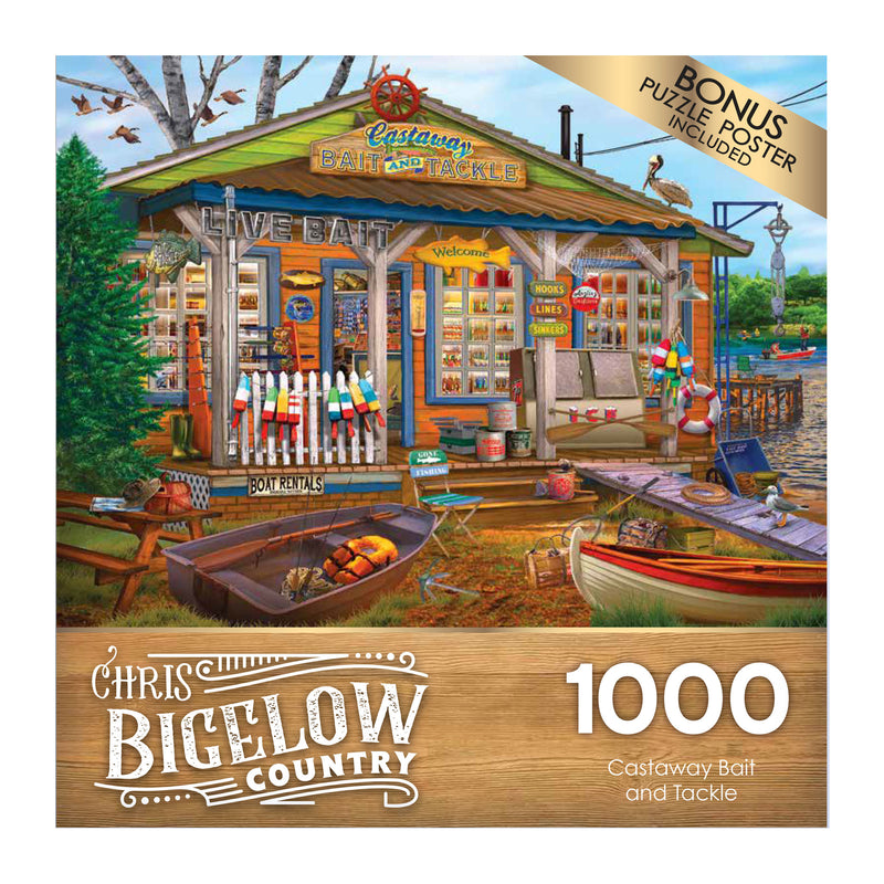 RoseArt - Chris Bigelow - Castaway Bait and Tackle - 1000 Piece Jigsaw Puzzle showing a charming lakeside bait and tackle shop with a boat dock, colorful signs, and fishing gear displayed. The puzzle contains 1000 pieces and includes a bonus poster.
