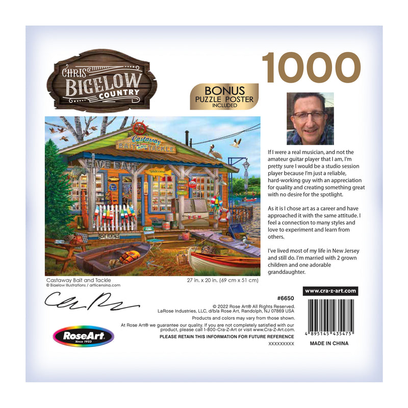 A 1000-piece RoseArt - Chris Bigelow - Castaway Bait and Tackle - 1000 Piece Jigsaw Puzzle box features an image of a colorful bait and tackle shop with various items outside. The box includes the artist's information and a photo. Puzzle size is 27"x20" (69cm x 51cm).