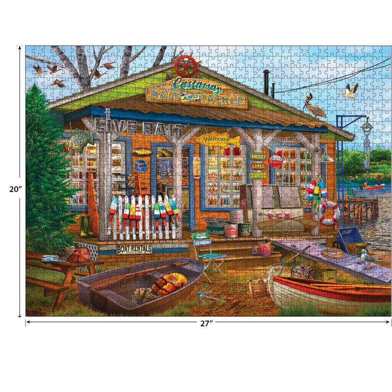 A completed RoseArt - Chris Bigelow - Castaway Bait and Tackle - 1000 Piece Jigsaw Puzzle depicting an old-fashioned bait and tackle shop with fishing supplies, boats, and a canoe in the foreground. The shop has various signs, and a blue sky is in the background.