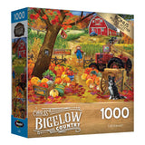 Box of a RoseArt - Chris Bigelow - Fall Harvest - 1000 Piece Jigsaw Puzzle featuring a vibrant autumn farm scene with pumpkins, a red tractor, a scarecrow, and a dog.