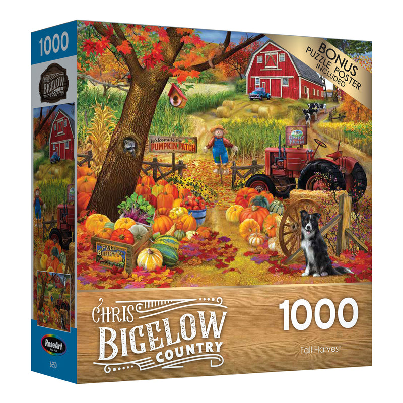 Box of a RoseArt - Chris Bigelow - Fall Harvest - 1000 Piece Jigsaw Puzzle featuring a vibrant autumn farm scene with pumpkins, a red tractor, a scarecrow, and a dog.