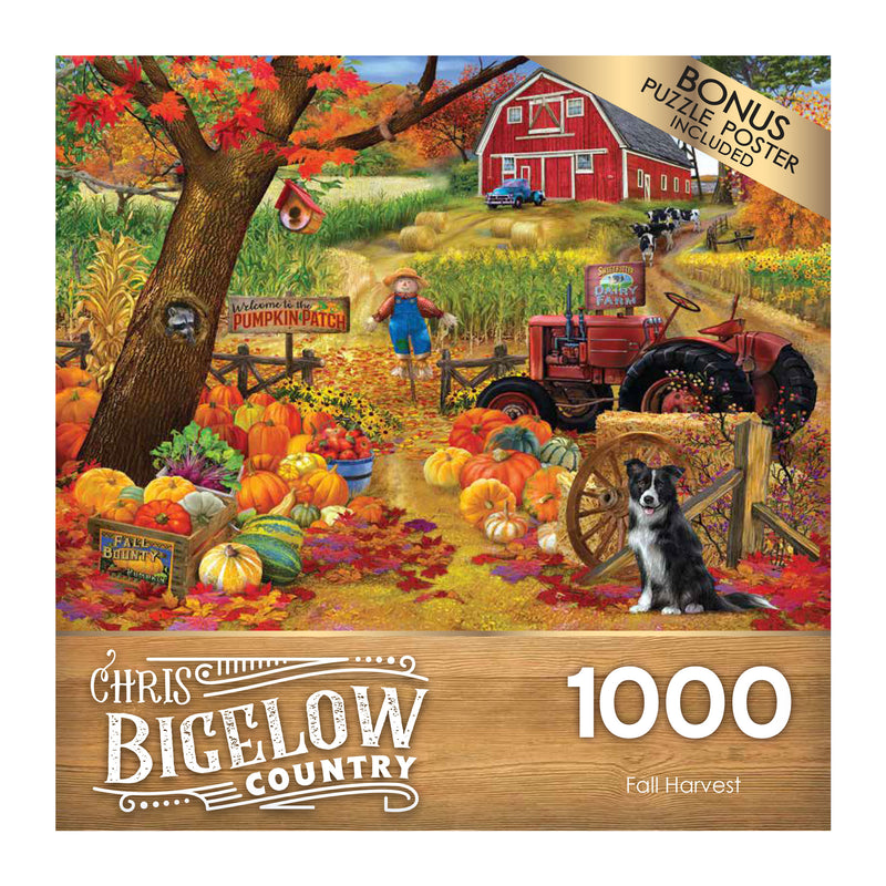 Puzzle box depicts an autumn farm scene with pumpkins, a red barn, a scarecrow, and a black and white dog. Title reads "RoseArt - Chris Bigelow - Fall Harvest - 1000 Piece Jigsaw Puzzle.