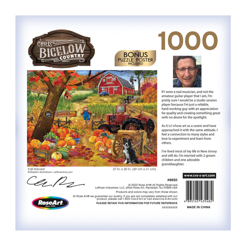 The back of a RoseArt - Chris Bigelow - Fall Harvest - 1000 Piece Jigsaw Puzzle box features autumn farm scenery with a barn, pumpkins, a dog, and a man’s image in an upper-right circle. Text mentions "Chris Bigelow" and the title "Fall Harvest.
