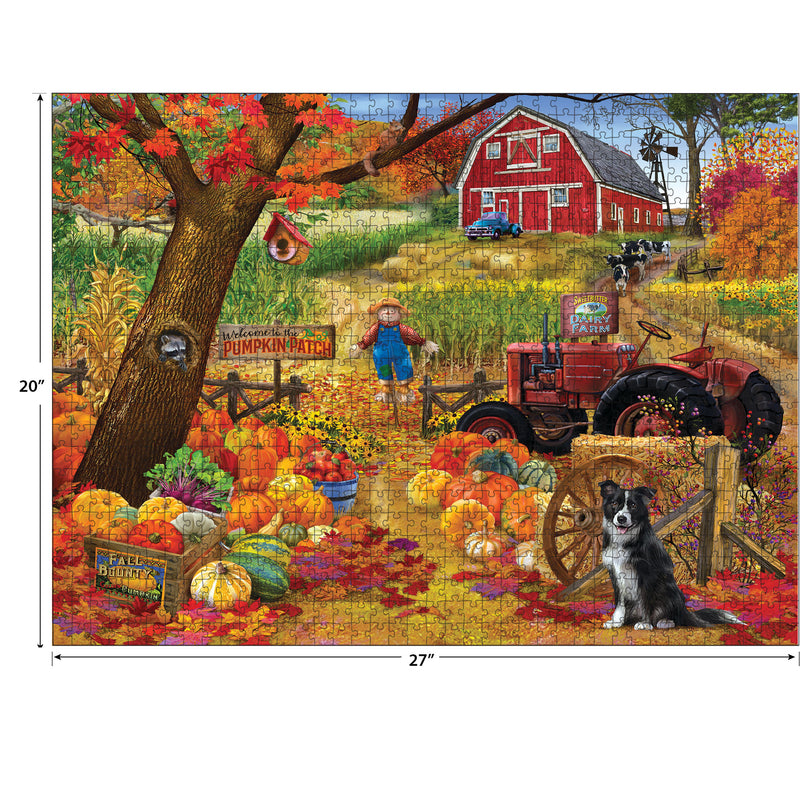A colorful autumn scene with a barn, pumpkins, a scarecrow, and a dog. A red tractor is parked near a pumpkin patch, surrounded by vivid fall foliage. Image dimensions: 20" x 27". Product Name: RoseArt - Chris Bigelow - Fall Harvest - 1000 Piece Jigsaw Puzzle