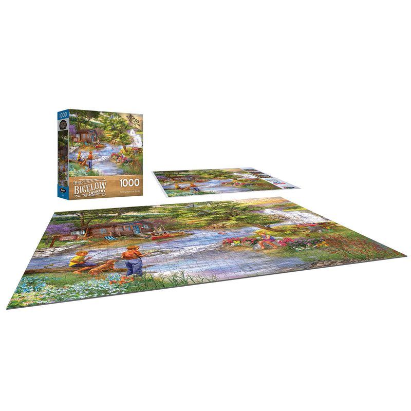 A completed RoseArt - Chris Bigelow - Fishing from the Banks - 1000 Piece Jigsaw Puzzle depicting children playing by a riverside is displayed alongside its box, which features the same image.