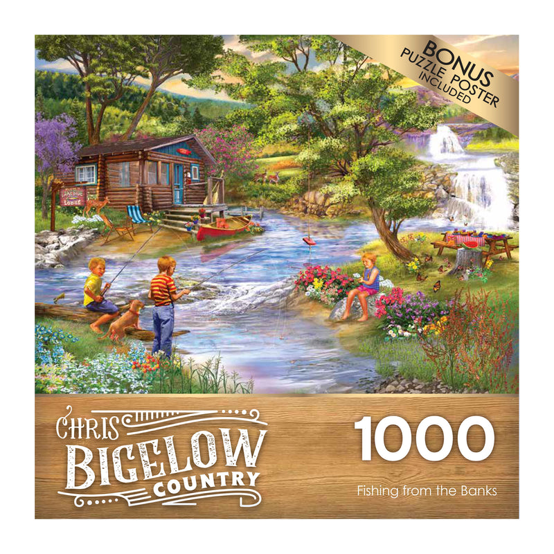 A 1000-piece puzzle box depicts a serene scene with children fishing by a riverbank near a rustic cabin, surrounded by lush greenery and a waterfall. Text reads "Chris Bigelow Country" and "Fishing from the Banks." The product name is RoseArt - Chris Bigelow - Fishing from the Banks - 1000 Piece Jigsaw Puzzle.
