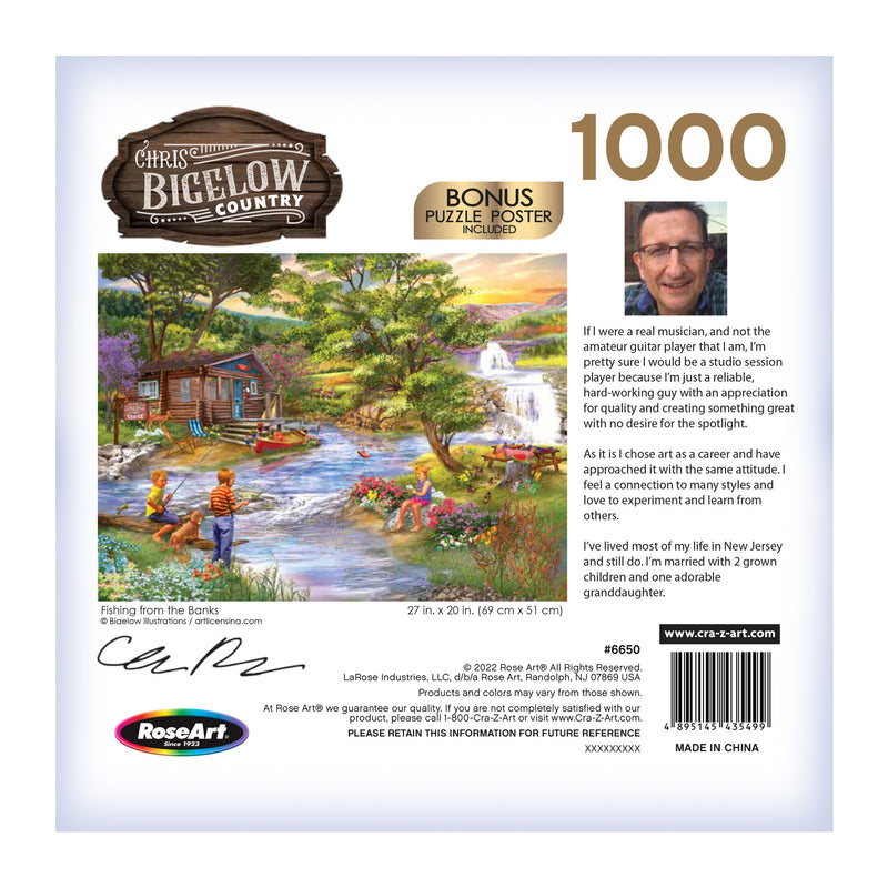 The back of a RoseArt - Chris Bigelow - Fishing from the Banks - 1000 Piece Jigsaw Puzzle box features an illustration of a riverside cabin scene and a brief biography of the artist, Chris Bigelow, including his photograph. The puzzle's dimensions are also listed.