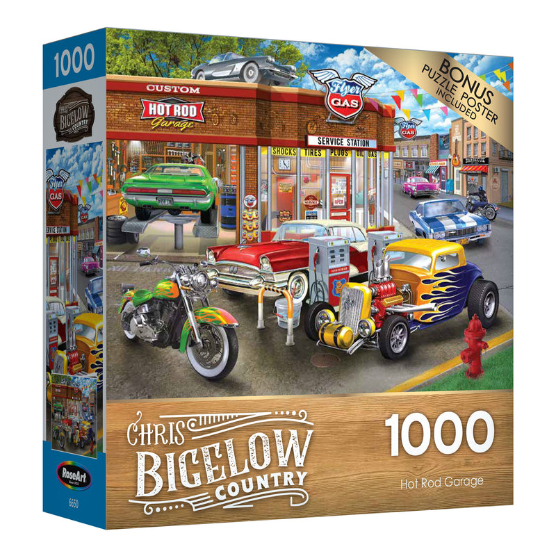 A RoseArt - Chris Bigelow - Hot Rod Garage - 1000 Piece Jigsaw Puzzle titled "Hot Rod Garage" by Chris Bigelow, showing a vibrant scene with vintage cars, motorcycles, and a gas station. The box features a bonus poster of the puzzle image.