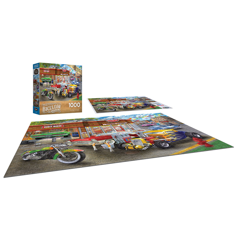 A completed RoseArt - Chris Bigelow - Hot Rod Garage - 1000 Piece Jigsaw Puzzle featuring colorful motorcycles in front of a building is displayed next to its box.