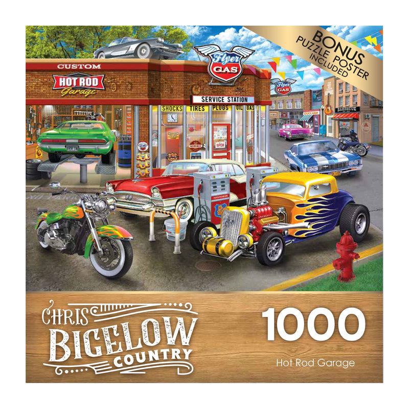 A 1000-piece puzzle featuring a custom hot rod garage scene with various vintage cars, bikes, and gas pumps. The box also mentions a bonus poster included in the RoseArt - Chris Bigelow - Hot Rod Garage - 1000 Piece Jigsaw Puzzle.