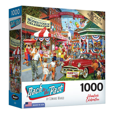 RoseArt - Back to the Past - Hometown Celebration - 1000 Piece Jigsaw Puzzle featuring a vintage scene of a hometown celebration with people, cars, and storefronts. Text on the box includes "Back to the Past," "Hometown Celebration," and "1000 pieces.