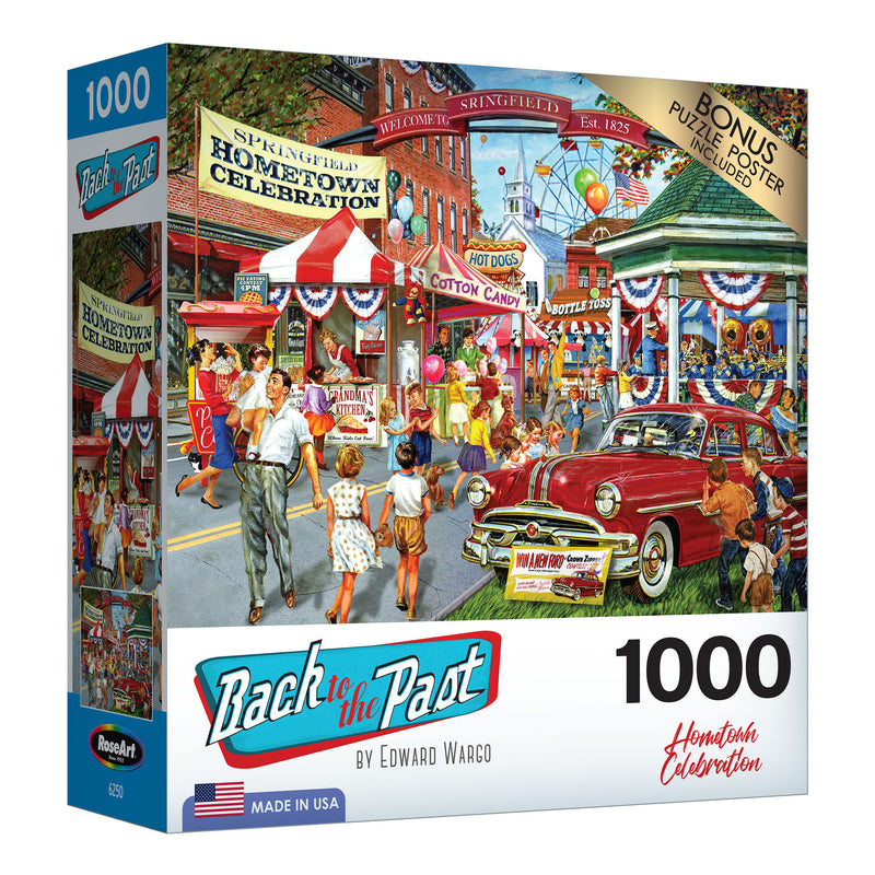 RoseArt - Back to the Past - Hometown Celebration - 1000 Piece Jigsaw Puzzle featuring a vintage scene of a hometown celebration with people, cars, and storefronts. Text on the box includes "Back to the Past," "Hometown Celebration," and "1000 pieces.
