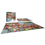 A RoseArt - Back to the Past - Hometown Celebration - 1000 Piece Jigsaw Puzzle is completed, showing an illustration of a bustling 1950s street fair with a colorful box displaying the same image in the background.