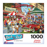 A lively street scene with carnival decorations and activities in full swing. People of all ages are engaging with various stalls, a classic car is parked, and a banner reads "RoseArt - Back to the Past - Hometown Celebration - 1000 Piece Jigsaw Puzzle.