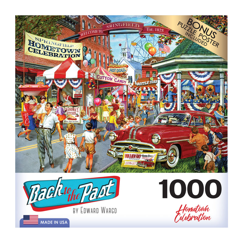 A lively street scene with carnival decorations and activities in full swing. People of all ages are engaging with various stalls, a classic car is parked, and a banner reads "RoseArt - Back to the Past - Hometown Celebration - 1000 Piece Jigsaw Puzzle.