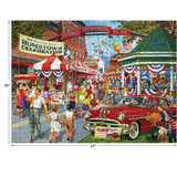 An illustration of a lively hometown festival featuring a carousel, food stalls, and people engaging in various activities, with a vintage red car and festive banners in the background can be found in the RoseArt - Back to the Past - Hometown Celebration - 1000 Piece Jigsaw Puzzle.