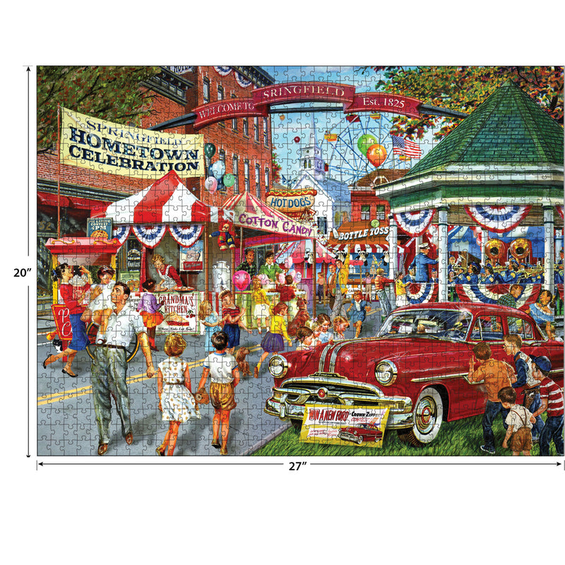 An illustration of a lively hometown festival featuring a carousel, food stalls, and people engaging in various activities, with a vintage red car and festive banners in the background can be found in the RoseArt - Back to the Past - Hometown Celebration - 1000 Piece Jigsaw Puzzle.