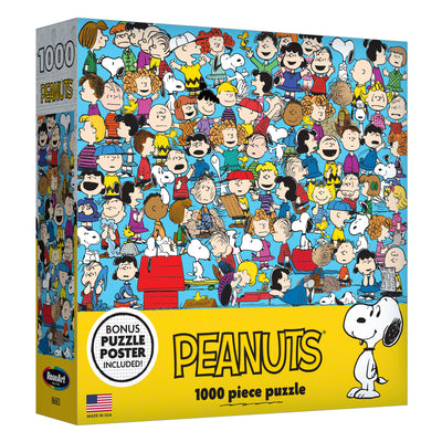 A RoseArt - Peanuts - Cast of Characters - 1000 Piece Jigsaw Puzzle box featuring classic cartoon characters and a bonus poster, with Snoopy prominently displayed on the yellow bottom section.