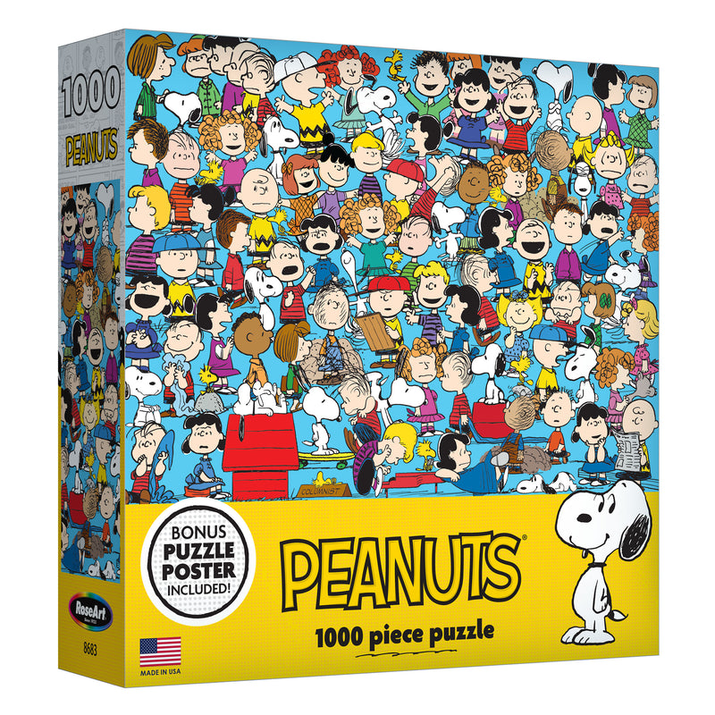 A RoseArt - Peanuts - Cast of Characters - 1000 Piece Jigsaw Puzzle box featuring classic cartoon characters and a bonus poster, with Snoopy prominently displayed on the yellow bottom section.