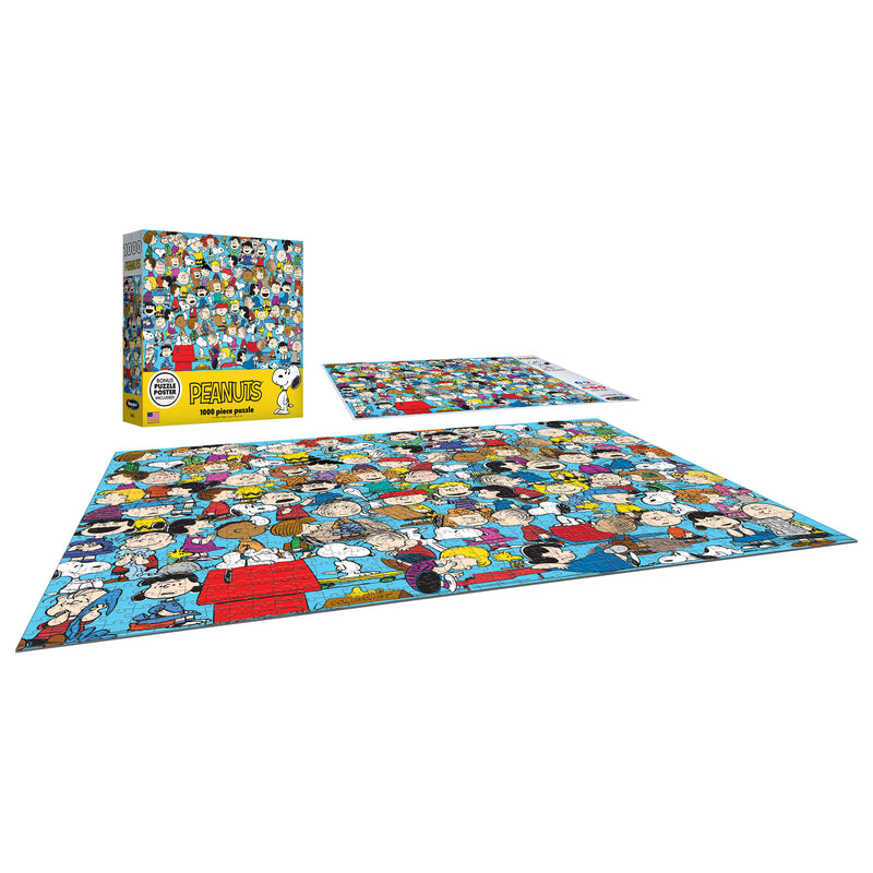 A completed RoseArt - Peanuts - Cast of Characters - 1000 Piece Jigsaw Puzzle, displayed next to its box and partially assembled section.