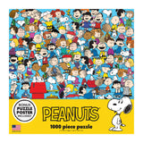 A 1000-piece RoseArt - Peanuts - Cast of Characters - 1000 Piece Jigsaw Puzzle featuring a dense collage of various characters from the Peanuts comic strip. A Snoopy illustration and yellow banner are at the bottom with the text "BONUS PUZZLE POSTER INCLUDED!.