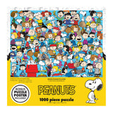 Box cover of a RoseArt - Peanuts - Cast of Characters - 1000 Piece Jigsaw Puzzle featuring a crowded illustration of various Peanuts characters. The cover highlights a bonus puzzle poster and includes the title "PEANUTS" with Snoopy pictured.