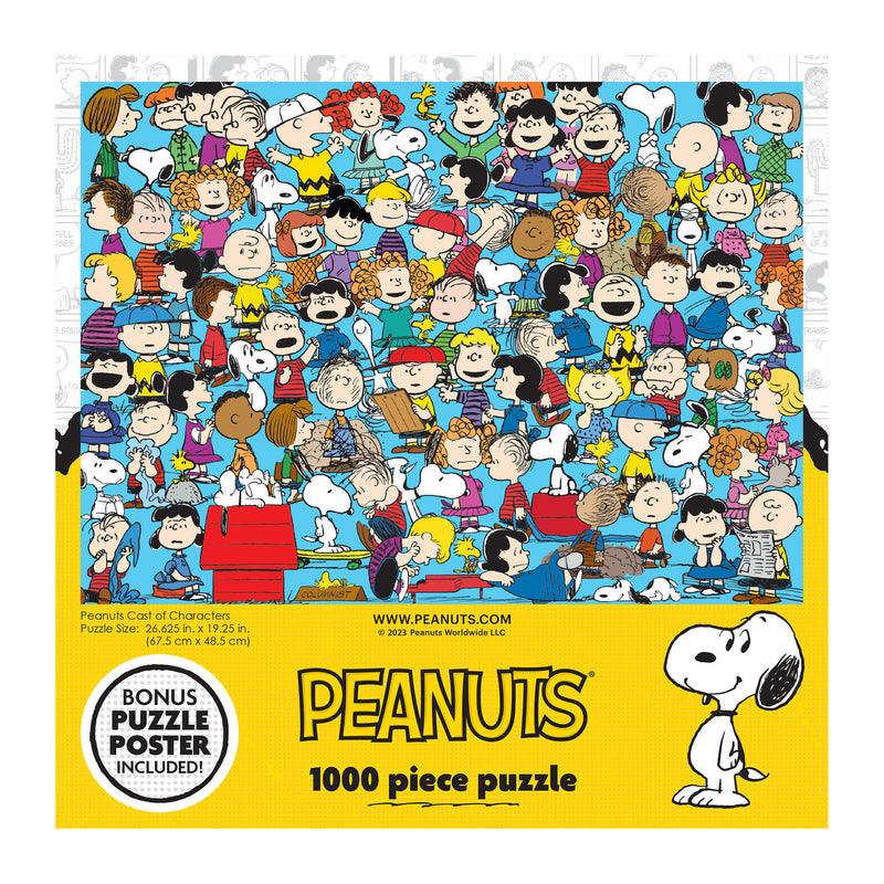 Box cover of a RoseArt - Peanuts - Cast of Characters - 1000 Piece Jigsaw Puzzle featuring a crowded illustration of various Peanuts characters. The cover highlights a bonus puzzle poster and includes the title "PEANUTS" with Snoopy pictured.
