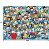 A completed RoseArt - Peanuts - Cast of Characters - 1000 Piece Jigsaw Puzzle, shown with dimensions of 19.25 inches tall and 26.625 inches wide.