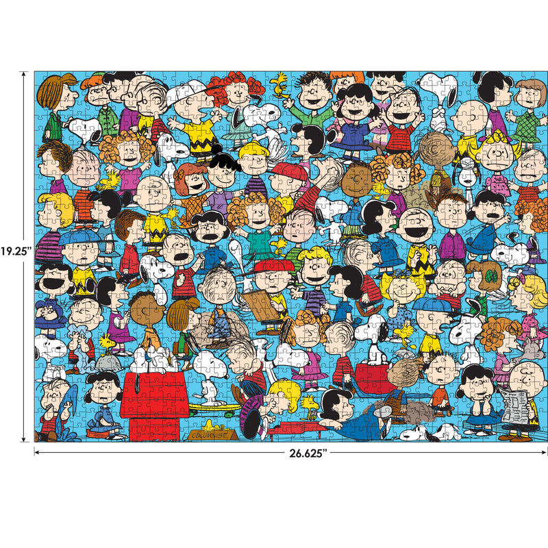 A completed RoseArt - Peanuts - Cast of Characters - 1000 Piece Jigsaw Puzzle, shown with dimensions of 19.25 inches tall and 26.625 inches wide.