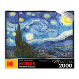 A 2000-piece RoseArt - Kodak Masters - The Starry Night by Vincent Van Gogh jigsaw puzzle. The box also indicates a bonus puzzle poster included.