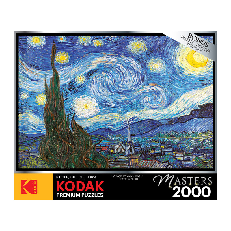 A 2000-piece RoseArt - Kodak Masters - The Starry Night by Vincent Van Gogh jigsaw puzzle. The box also indicates a bonus puzzle poster included.