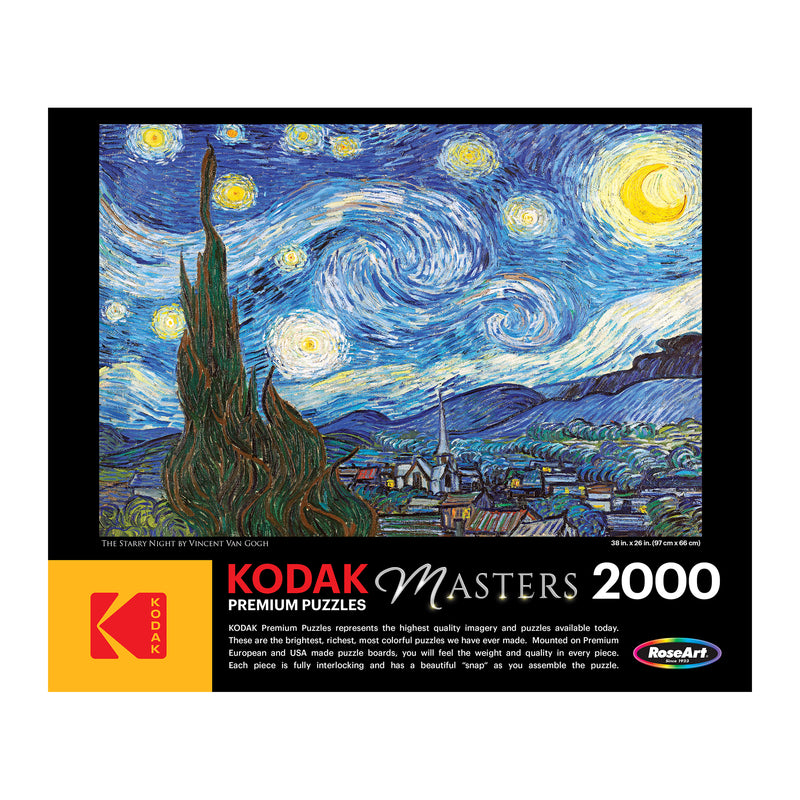 A RoseArt - Kodak Masters - The Starry Night by Vincent Van Gogh - 2000 Piece Jigsaw Puzzle featuring Vincent Van Gogh's "The Starry Night" on its box cover.