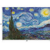 Image of a "RoseArt - Kodak Masters - The Starry Night by Vincent Van Gogh - 2000 Piece Jigsaw Puzzle" themed jigsaw puzzle measuring 26 inches in height and 38 inches in width, depicting a famous painting by Vincent van Gogh.