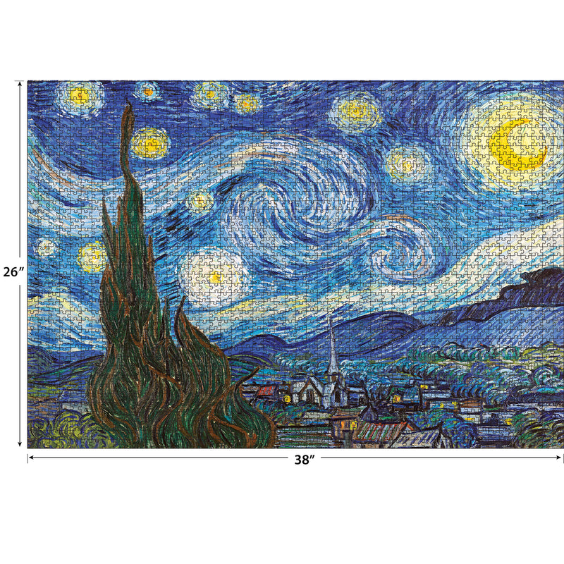 Image of a "RoseArt - Kodak Masters - The Starry Night by Vincent Van Gogh - 2000 Piece Jigsaw Puzzle" themed jigsaw puzzle measuring 26 inches in height and 38 inches in width, depicting a famous painting by Vincent van Gogh.