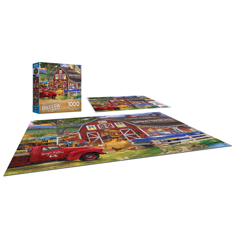 A 1000-piece jigsaw puzzle featuring a colorful farm scene with a red barn and vehicles, including a red truck and a blue car. The puzzle box is displayed upright beside the completed puzzle. The product name is RoseArt - Chris Bigelow - The Barn Dance - 1000 Piece Jigsaw Puzzle.